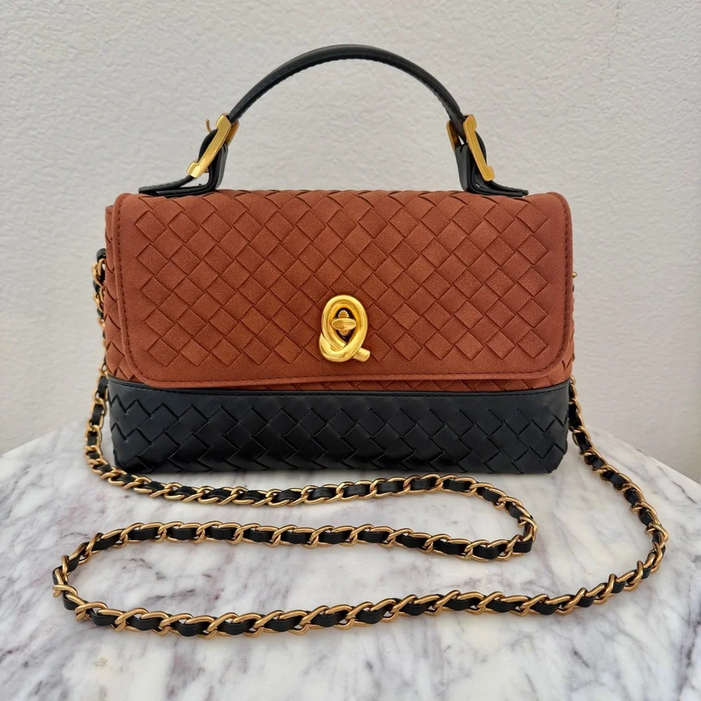 Brown Black Two-Tone Woven Leather Top Handle Crossbody Chain Strap Bag - Picture 1 of 14